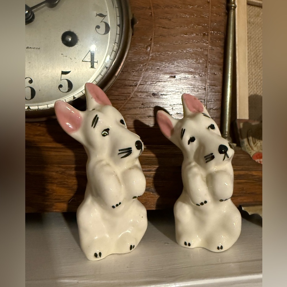 Vintage white Scottie Scottish terrier salt and pepper shakers.  Kitschy.